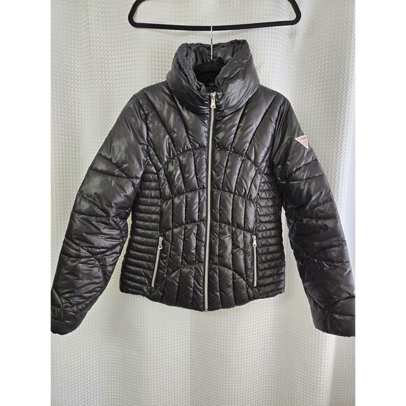 Guess Women's Puffer Coat Size Medium Shiny Black Winter Chic Cute Quilted Zip - Picture 1 of 8
